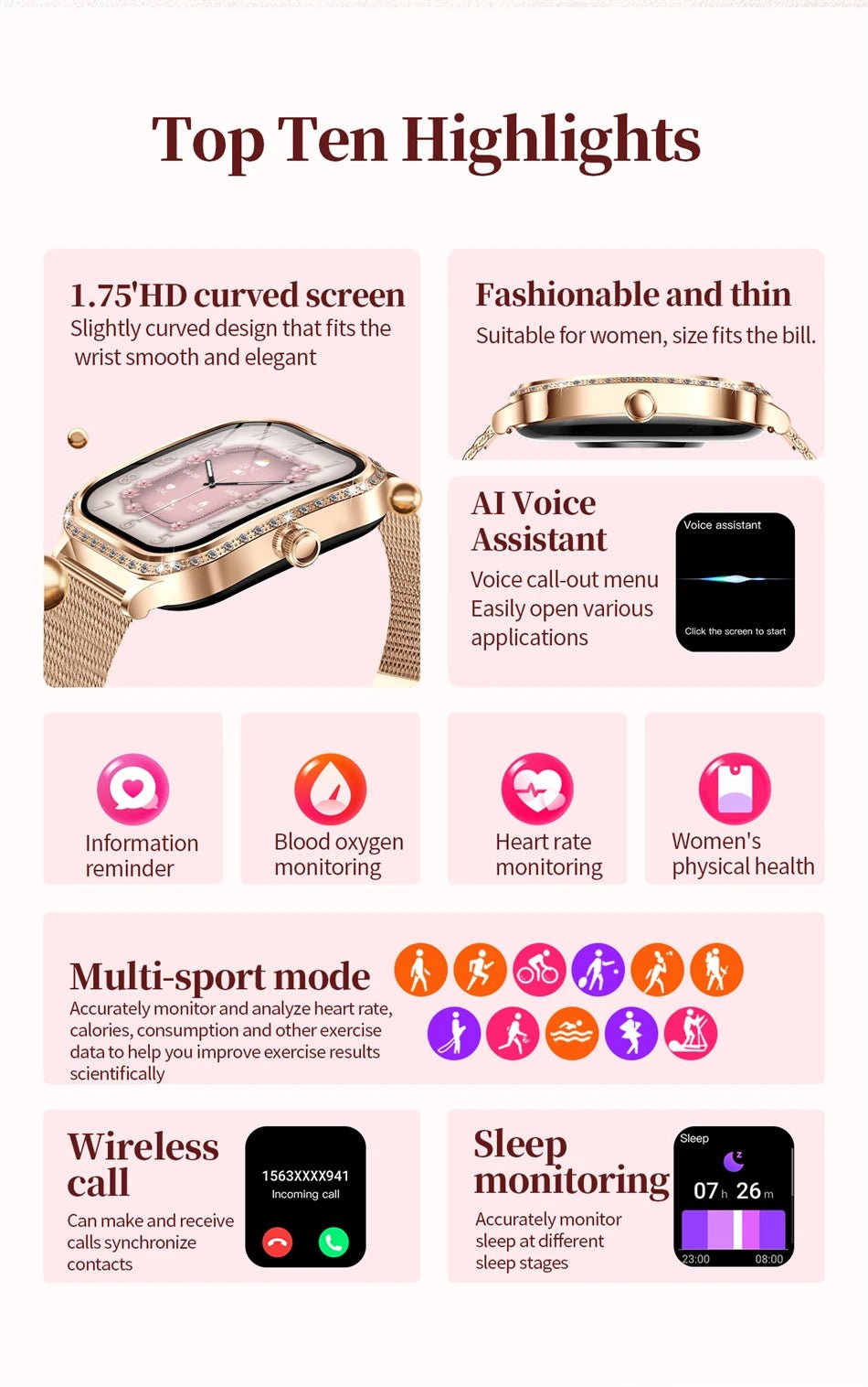 LIGE Smart Watches for Women Waterproof Bluetooth Call Fitness Tracker Smartwatch Mujer Digital Womens Watch Heart Rate Monitor - Chic Cart AMI Cart