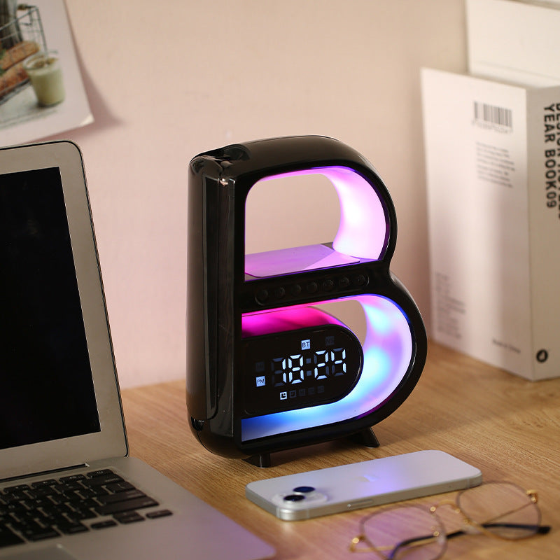 2024 New B-Shaped Blutooth Speaker Multifunctional Smart Music Rhythm Lighting Phone Wireless Charger TF Card AUX Input Standard Mode AMI Cart