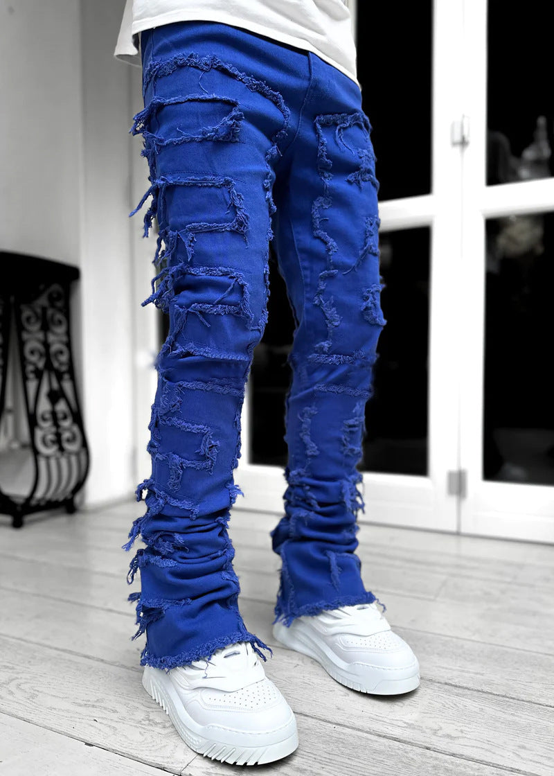 Men Trousers Individual Patched Pants Long Tight Fit Stacked Jeans