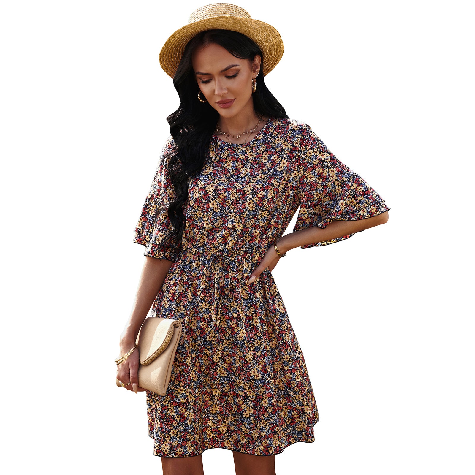 European And American Women's Half Sleeve Floral Chiffon Dress
