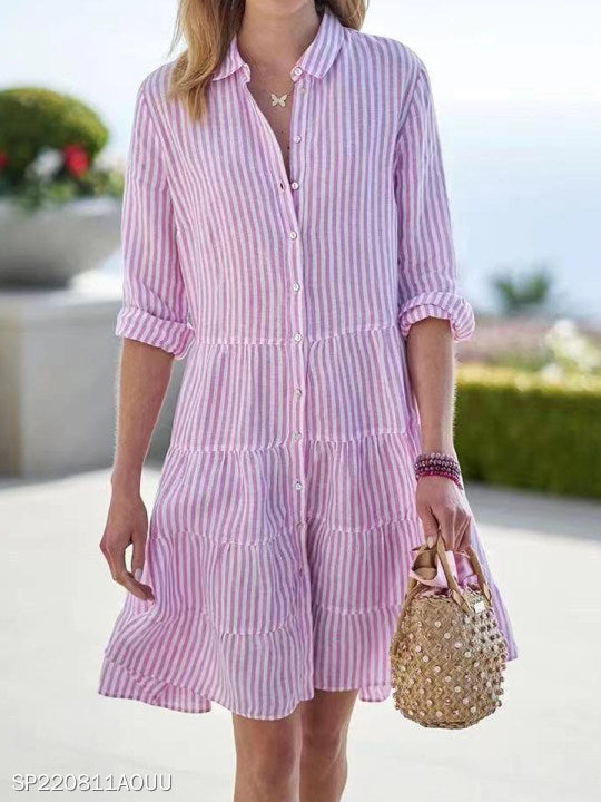 Striped Long-sleeved Shirt Dress Fashion Lapel Button Dresses