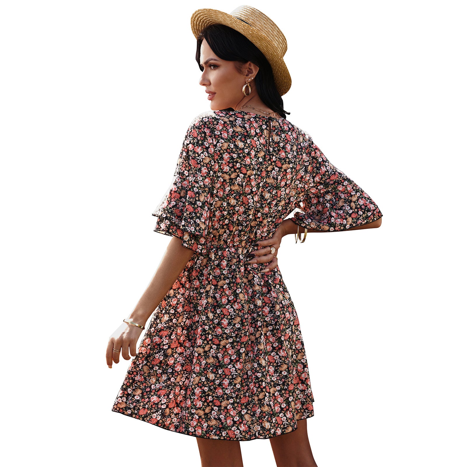 European And American Women's Half Sleeve Floral Chiffon Dress