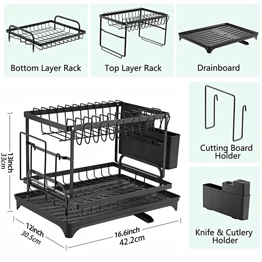 Dish Rack, 2 Tier Utensil Holder, Rustproof Dish Drying Rack