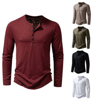 Mens Clothing Long Sleeve T-shirt Fashion Button Henry Collar
