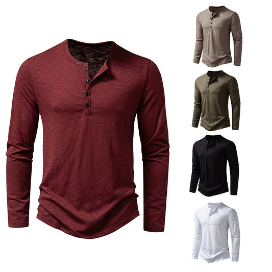 Mens Clothing Long Sleeve T-shirt Fashion Button Henry Collar