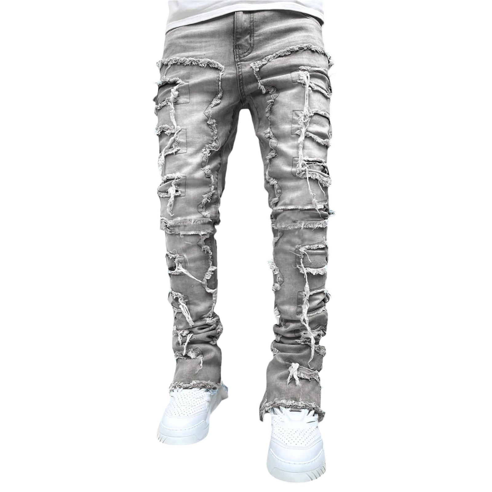 Men Trousers Individual Patched Pants Long Tight Fit Stacked Jeans