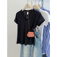 Solid Color Slim-fit V-neck Short-sleeved Top