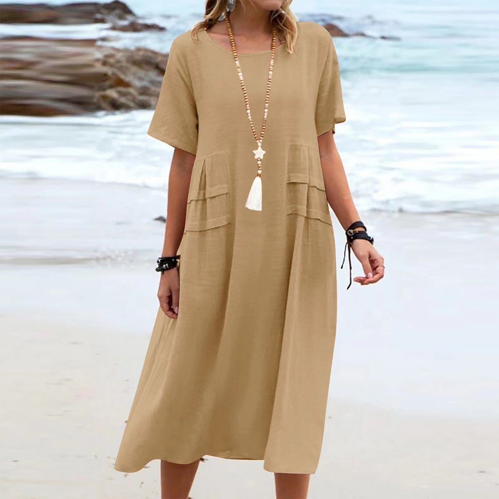 Cotton Linen Short-sleeve Mid-length Dresses Women