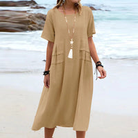 Cotton Linen Short-sleeve Mid-length Dresses Women