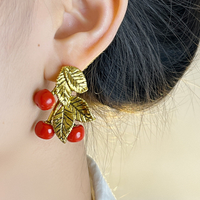 Red Cherry Unique Leaf Earrings