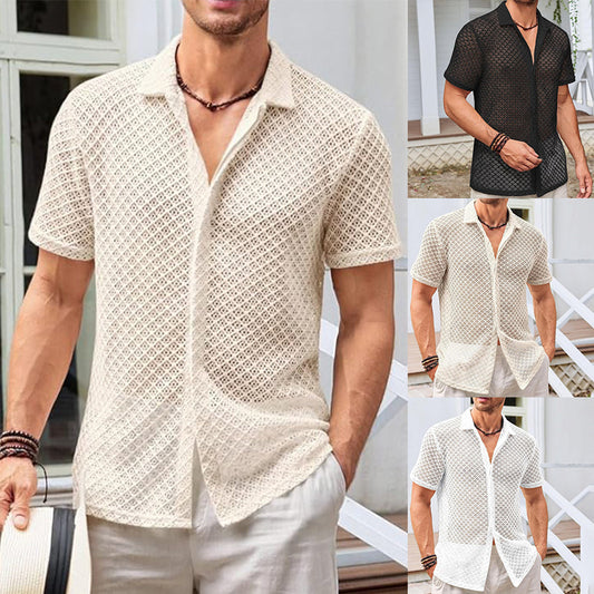 Mesh Short Sleeve Shirt Fashion Solid Color Lapel Shirt