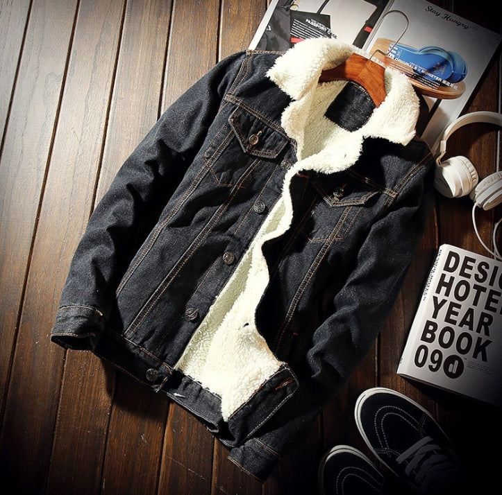 Denim Bomber Jacket with Fur Men Black High Quality