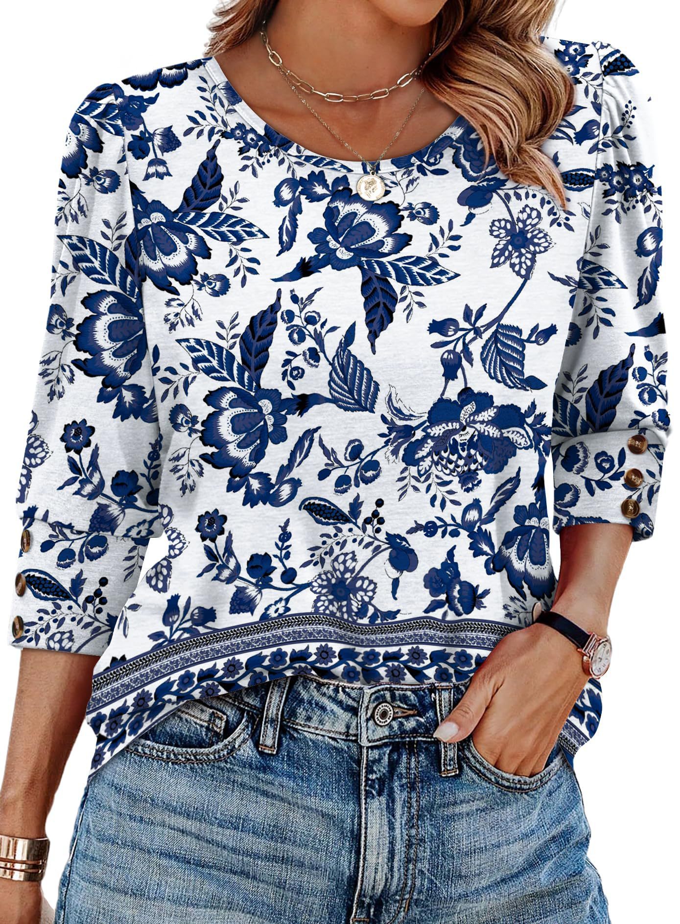 Women's Elegant 34 Sleeves Round Neck T-shirt With Buttons