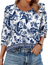Women's Elegant 34 Sleeves Round Neck T-shirt With Buttons