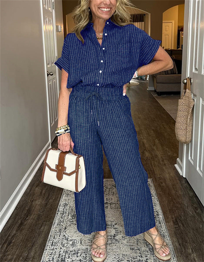 Women's Striped Suit Lapel Short Sleeve Straight  Trousers