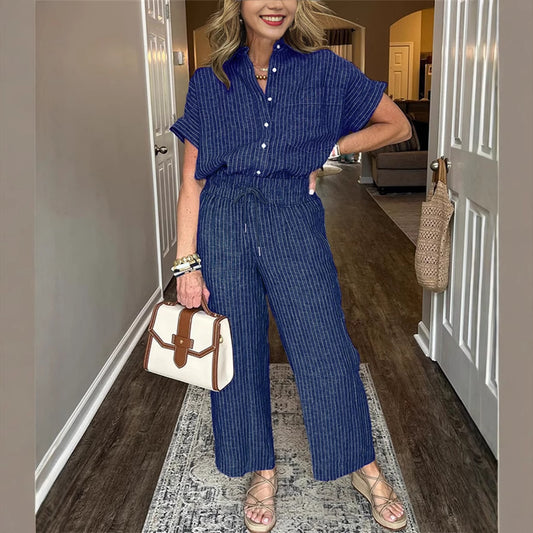 Women's Striped Suit Lapel Short Sleeve Straight  Trousers