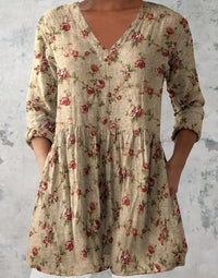 Women's Retro Floral Print Casual Cotton Linen V-neck Top