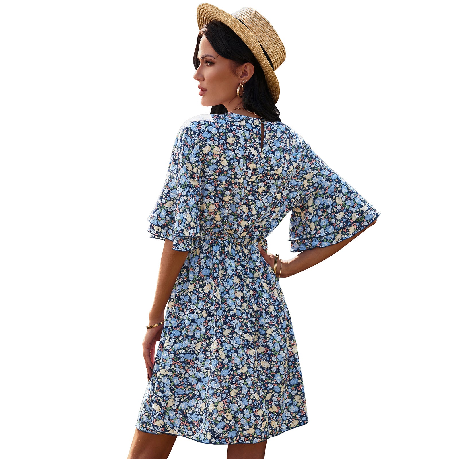 European And American Women's Half Sleeve Floral Chiffon Dress