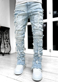 Men Trousers Individual Patched Pants Long Tight Fit Stacked Jeans
