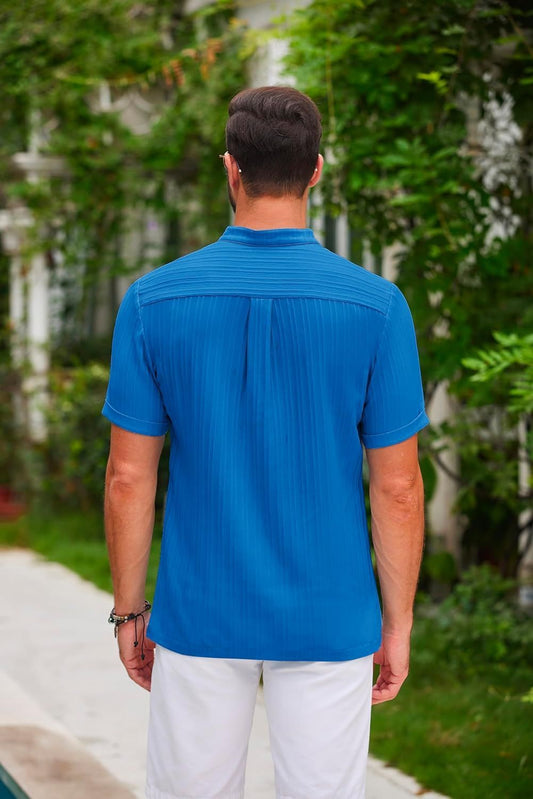 Stand Collar Buttons Short Sleeve T-shirt Solid Colour Stripe POLO