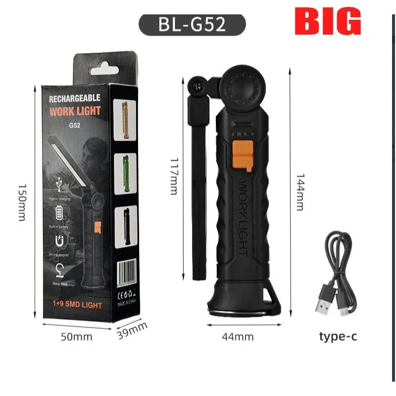 Portable COB LED Flashlight USB Rechargeable Magnetic Work Light