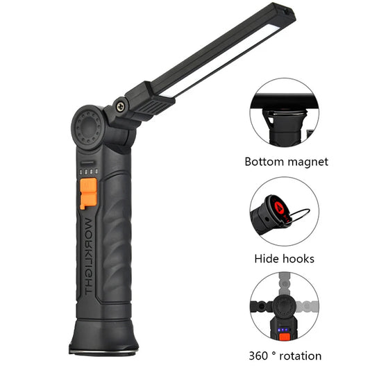 Portable COB LED Flashlight USB Rechargeable Magnetic Work Light