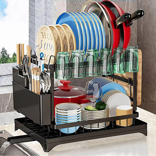 Dish Rack, 2 Tier Utensil Holder, Rustproof Dish Drying Rack