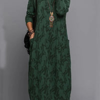 Printing Crew Neck Casual Temperament Long Sleeve Pocket Dress