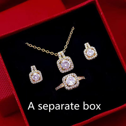 Fashion Jewelry Set Zircon Gem Pendant Chain Choker Necklace For Women Gold Color Stud Earring Statement Wedding Ring AMI Cart