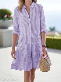 Striped Long-sleeved Shirt Dress Fashion Lapel Button Dresses