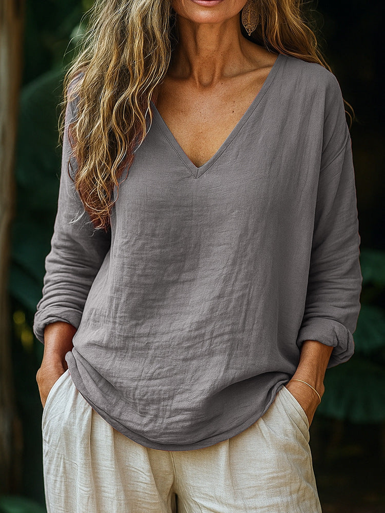 Casual Loose Fashion Cotton And Linen Long-sleeved Top