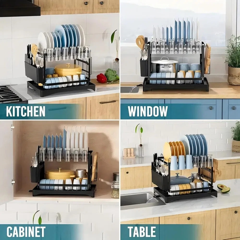 Dish Rack, 2 Tier Utensil Holder, Rustproof Dish Drying Rack