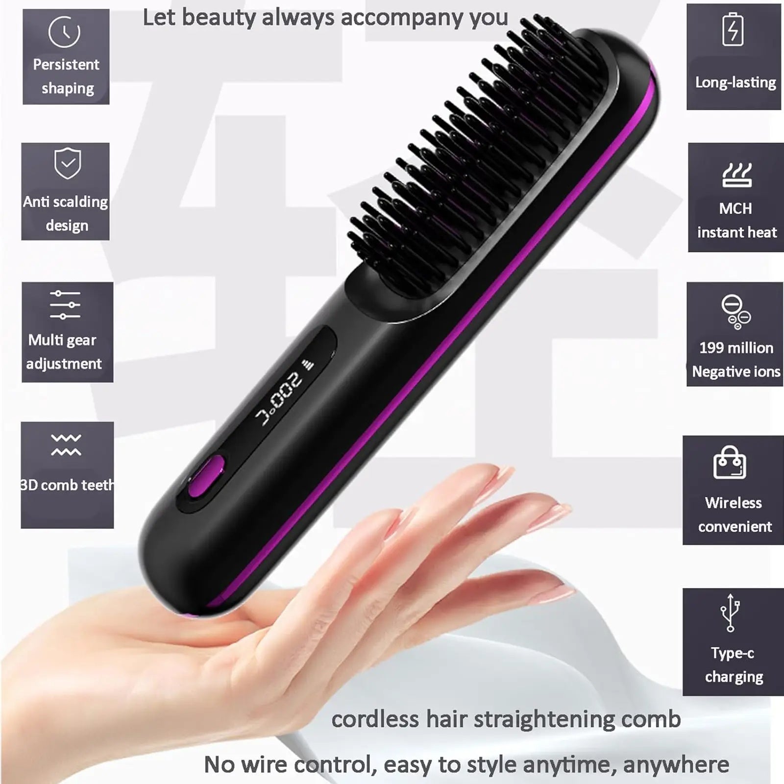 S7 Portable Cordless Hair Straightening Brush With LED Display