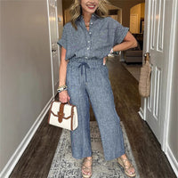 Women's Striped Suit Lapel Short Sleeve Straight  Trousers