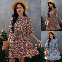 European And American Women's Half Sleeve Floral Chiffon Dress