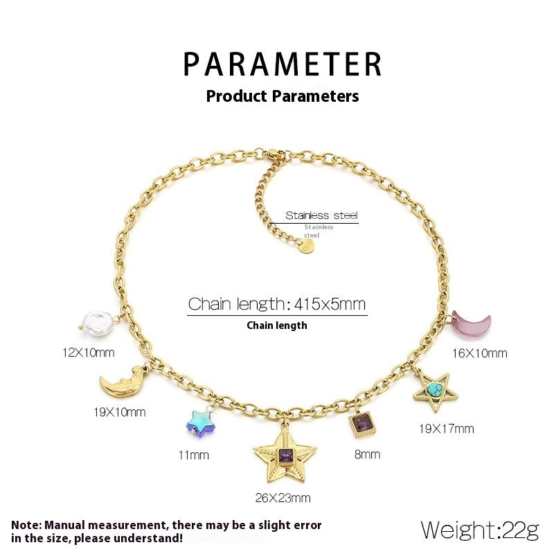 Star Moon Colour Artificial Glass Pearl Stainless Steel Necklace