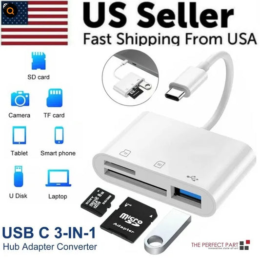 USB C 3 In 1 Hub Converter Type-C Adapter SD Card Reader