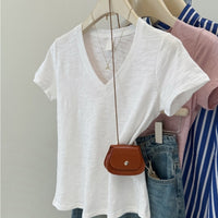 Solid Color Slim-fit V-neck Short-sleeved Top