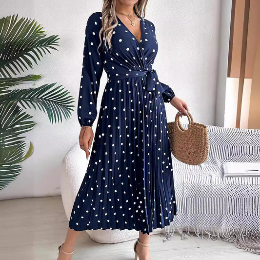 Spring Summer Elegant Long Dress Cross V-Neck Contrast