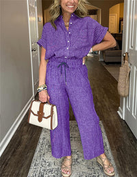 Women's Striped Suit Lapel Short Sleeve Straight  Trousers