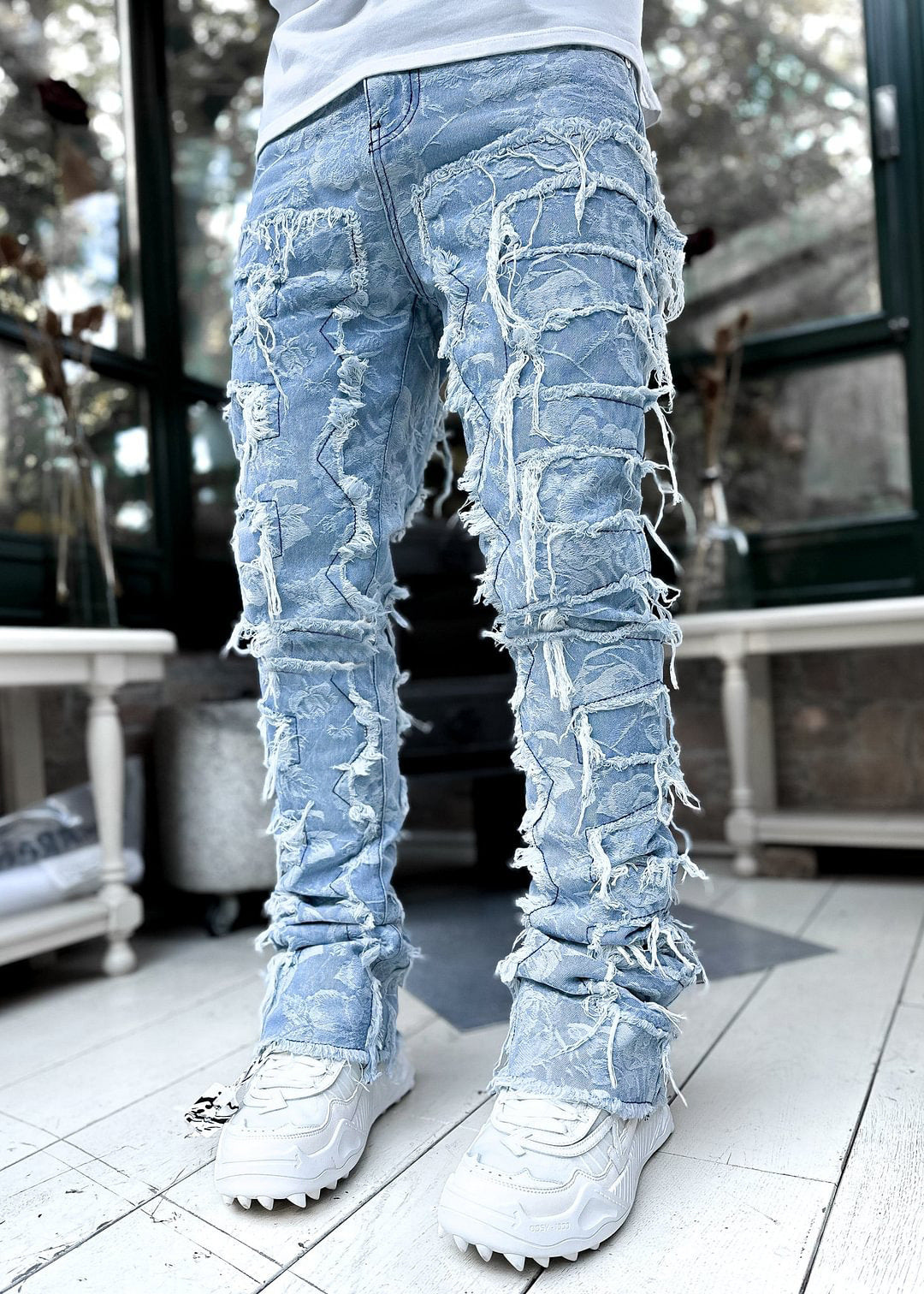 Men Trousers Individual Patched Pants Long Tight Fit Stacked Jeans