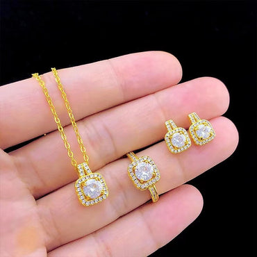 Fashion Jewelry Set Zircon Gem Pendant Chain Choker Necklace For Women Gold Color Stud Earring Statement Wedding Ring AMI Cart