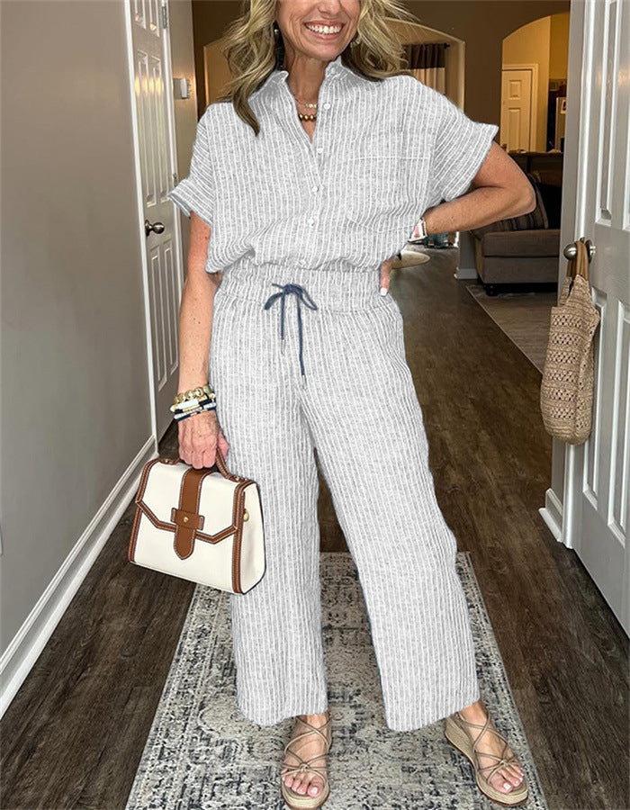 Women's Striped Suit Lapel Short Sleeve Straight  Trousers