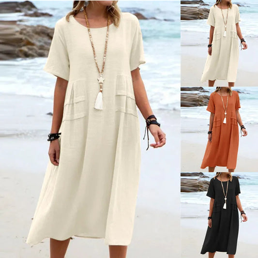 Cotton Linen Short-sleeve Mid-length Dresses Women