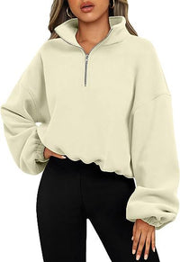 Pullover Hoodie Women Winter Solid Colour Zipper Stand Collar