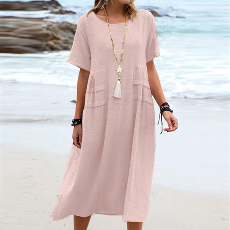 Cotton Linen Short-sleeve Mid-length Dresses Women