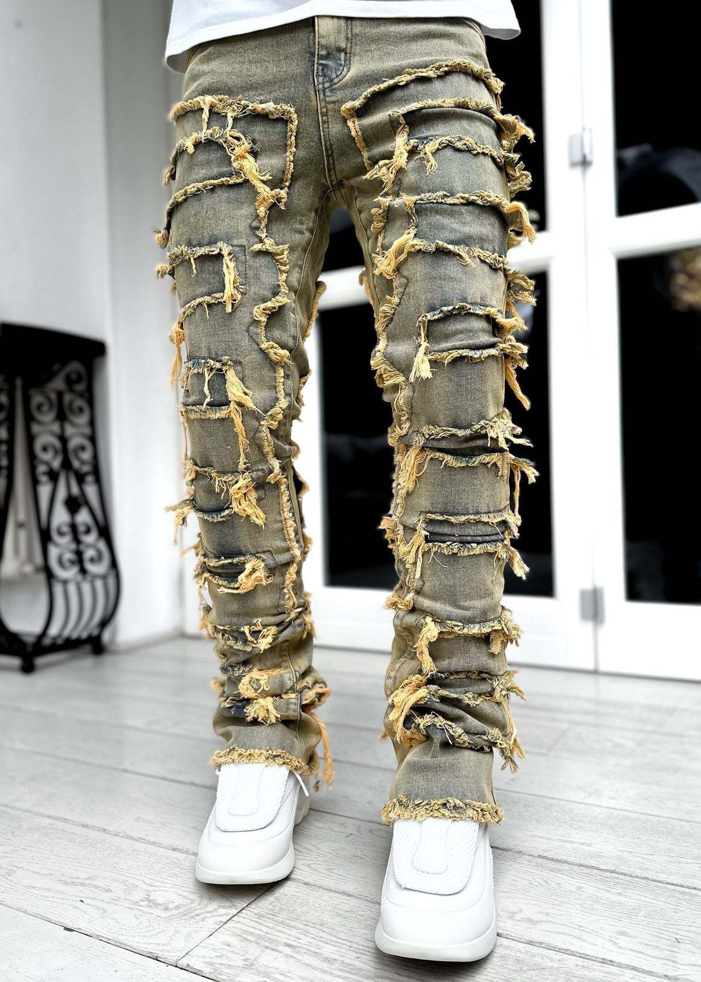 Men Trousers Individual Patched Pants Long Tight Fit Stacked Jeans