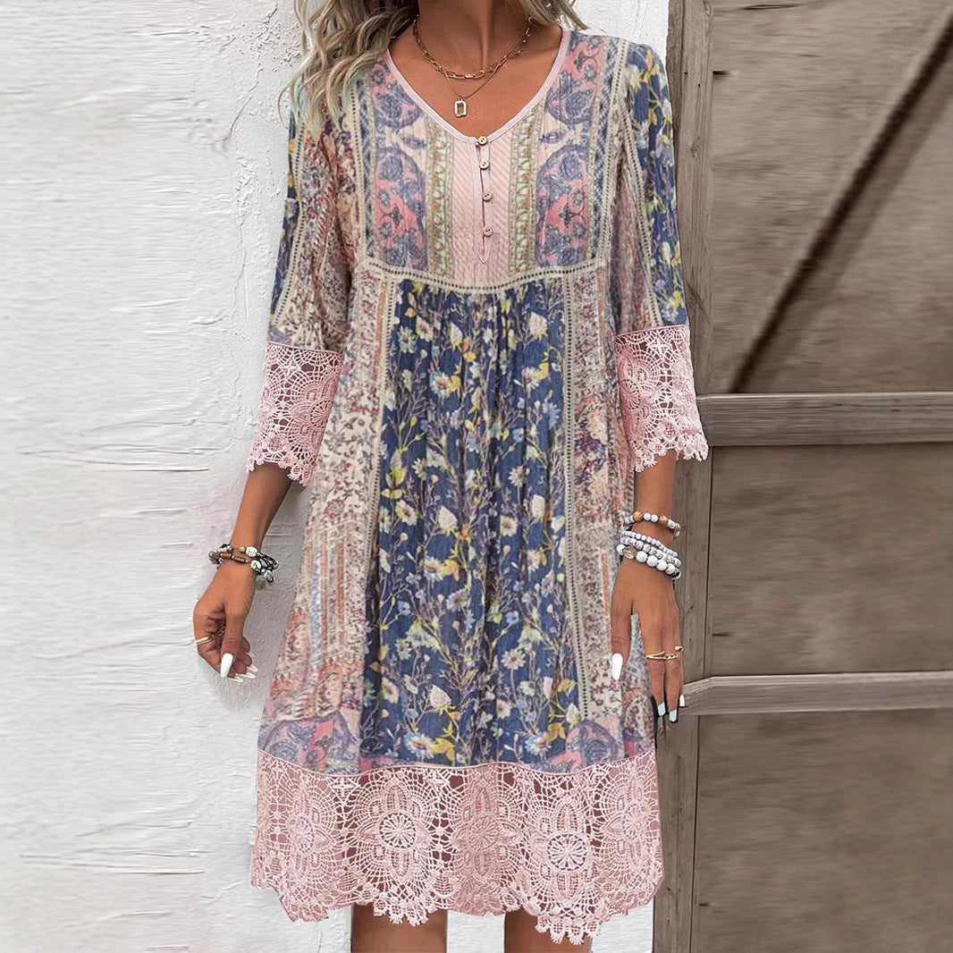 Spring And Summer Retro Printed Lace Women's Clothing Dress