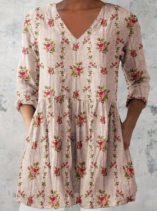 Women's Retro Floral Print Casual Cotton Linen V-neck Top
