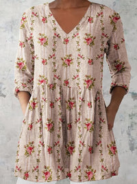 Women's Retro Floral Print Casual Cotton Linen V-neck Top